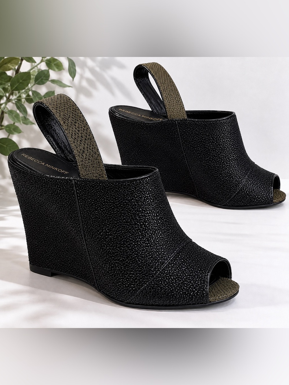 Rebecca Minkoff Y2K Peep Toe Wedge Mules Black Textured Leather Size 9